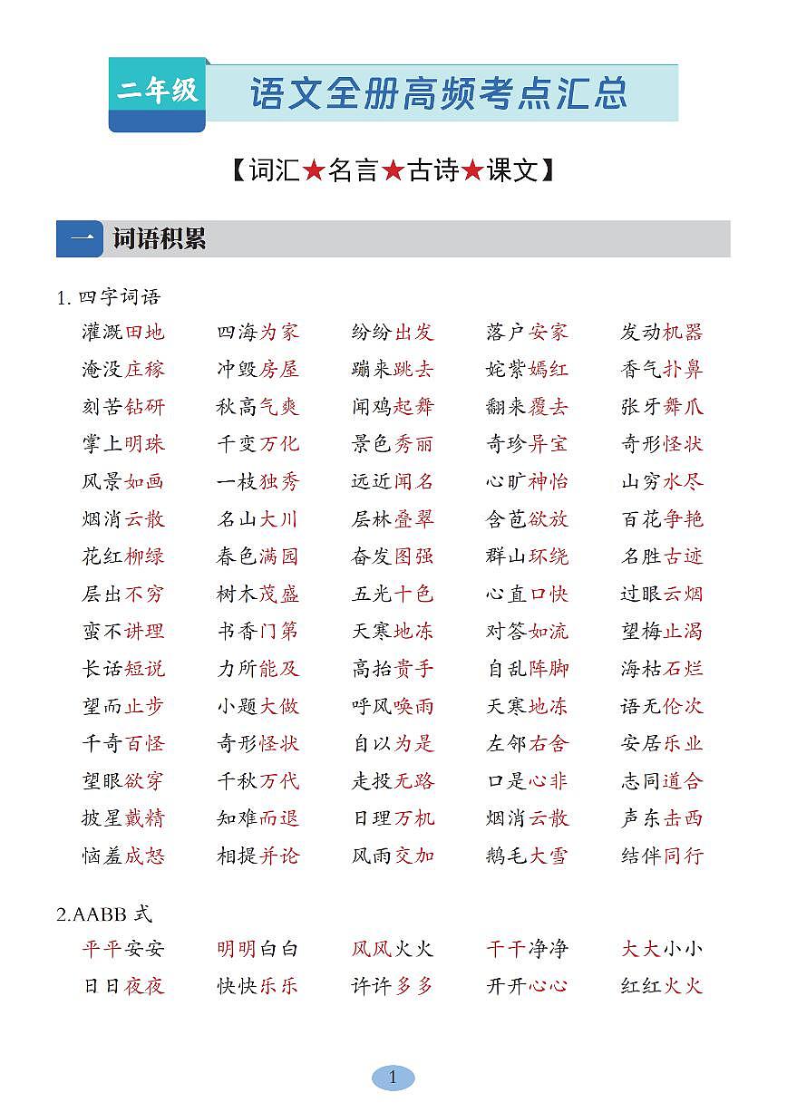 新二上语文全册期末高频考点知识点汇总（词汇名言古诗课文）第1页