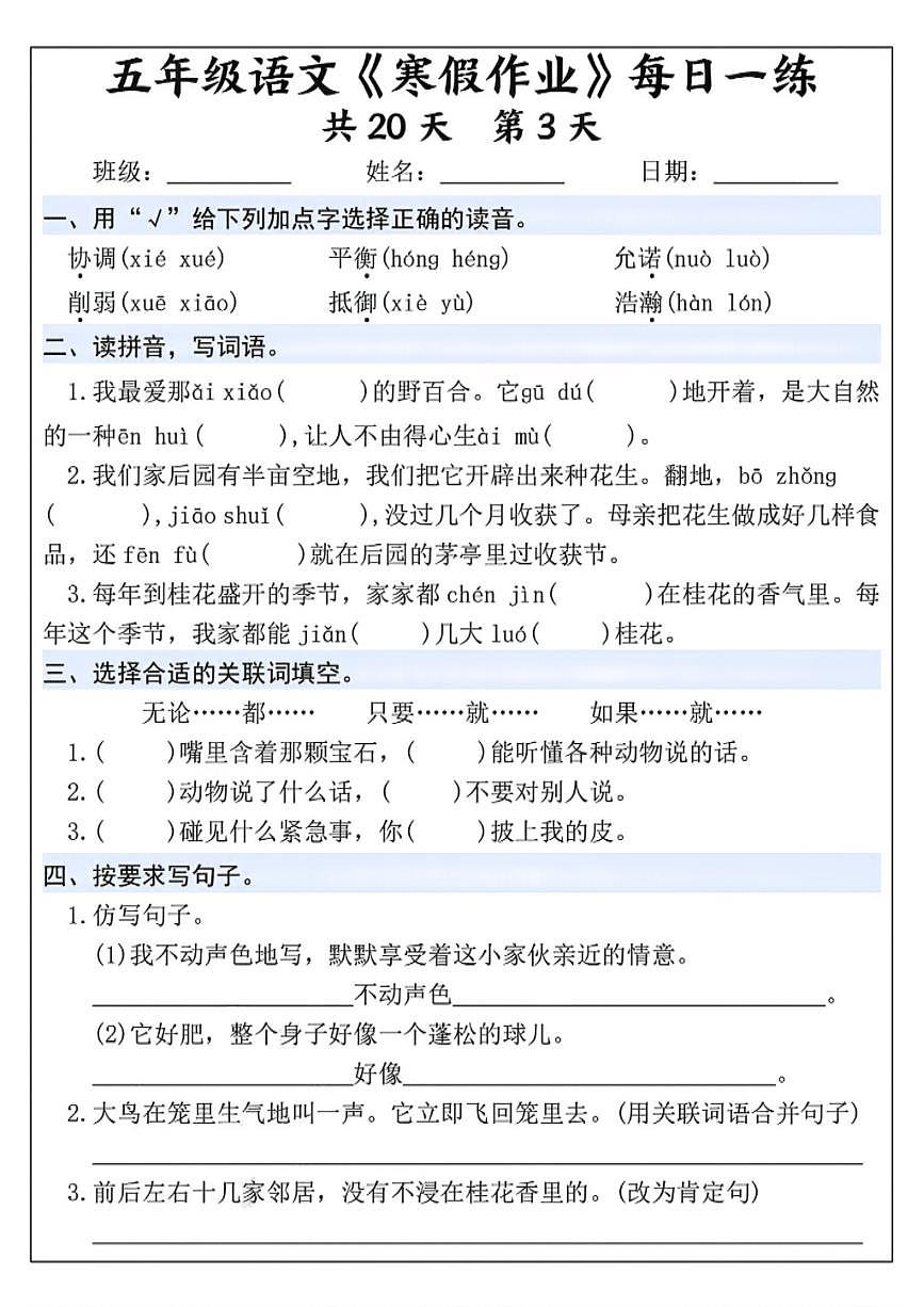 五年级语文《寒假作业》每日一练第3页