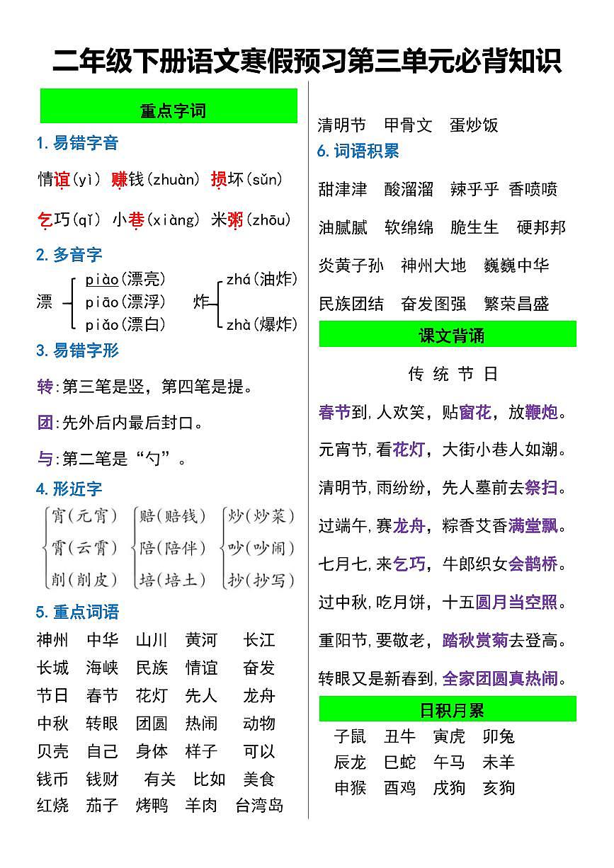 统编版二年级语文寒假预习第1-8单元必背知识第3页
