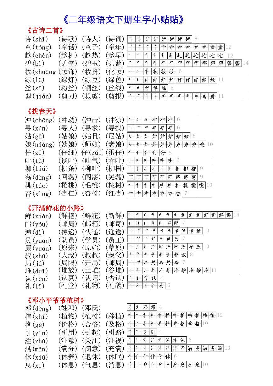统编版二年级下册语文生字拼音组词笔顺汇总知识点第1页