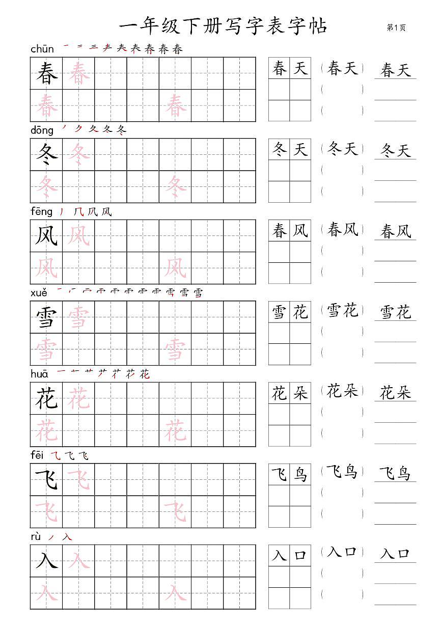 部编版1年级下册语文写字表楷体字帖知识点第1页