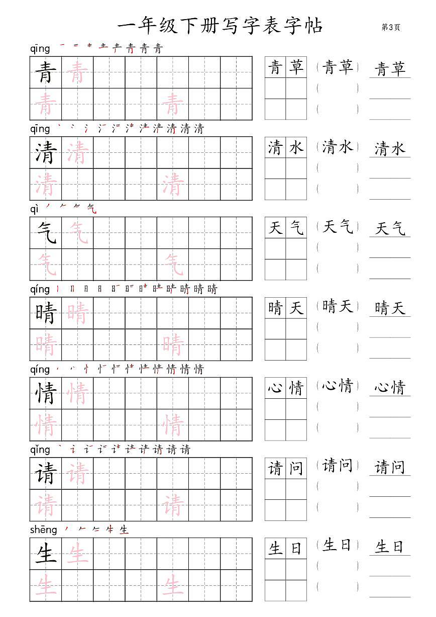 部编版1年级下册语文写字表楷体字帖知识点第3页