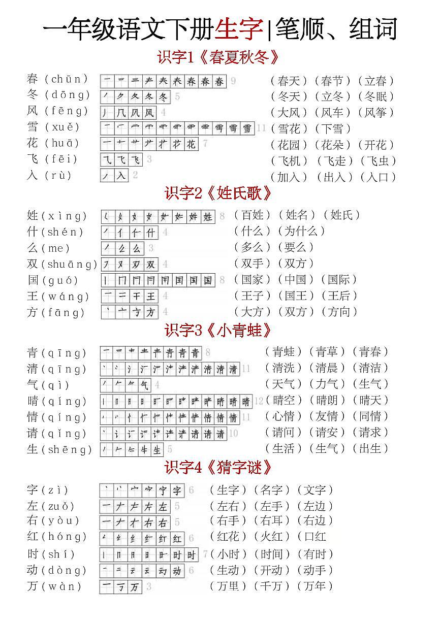 部编版一年级下册语文生字（笔顺组词）贴练习（无答案）第1页
