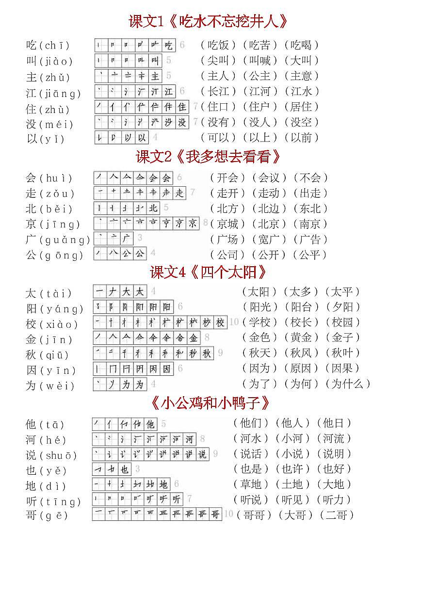 部编版一年级下册语文生字（笔顺组词）贴练习（无答案）第2页