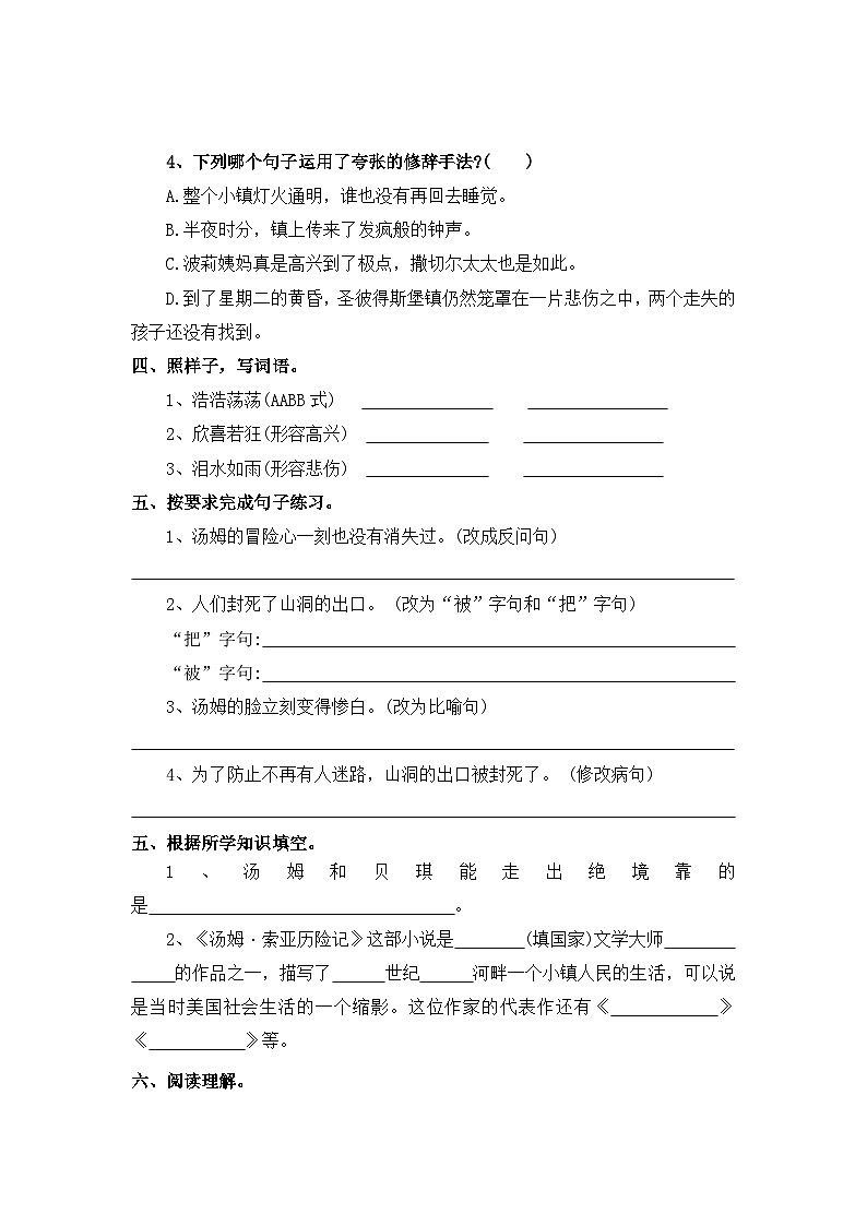 【寒假作业】第14天：快乐预习(7、汤姆•索亚历险记（节选））——2025-2026学年六年级语文（统编版）（含答案）第2页