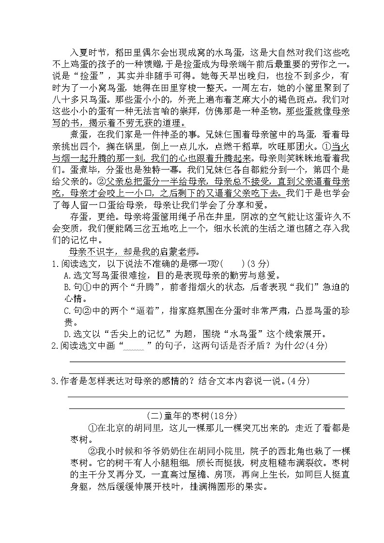 第三单元达标练习(单元测试)2025-2026学年六年级语文下册统编版（含答案）第3页