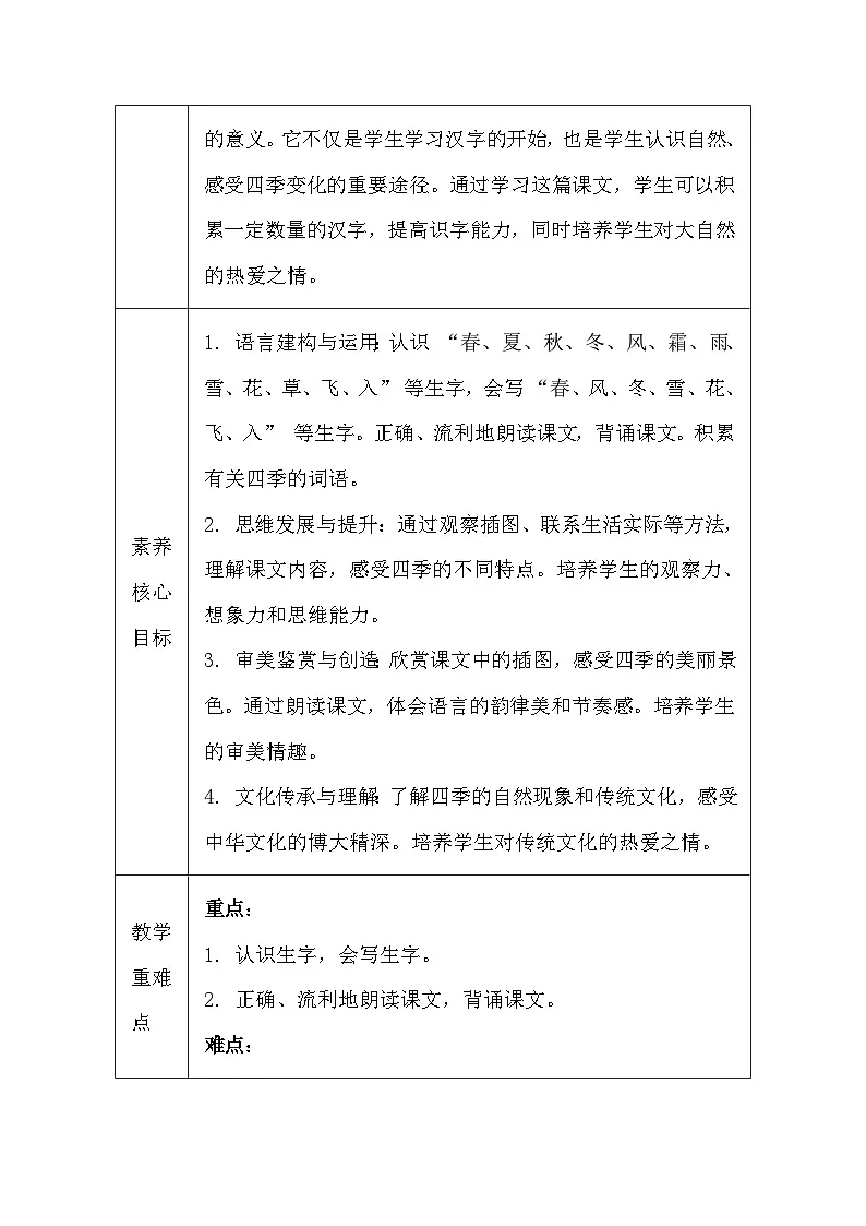 【新教材】统编版（2024）一年级下册语文第一单元 1 春夏秋冬 教案（表格式）第2页