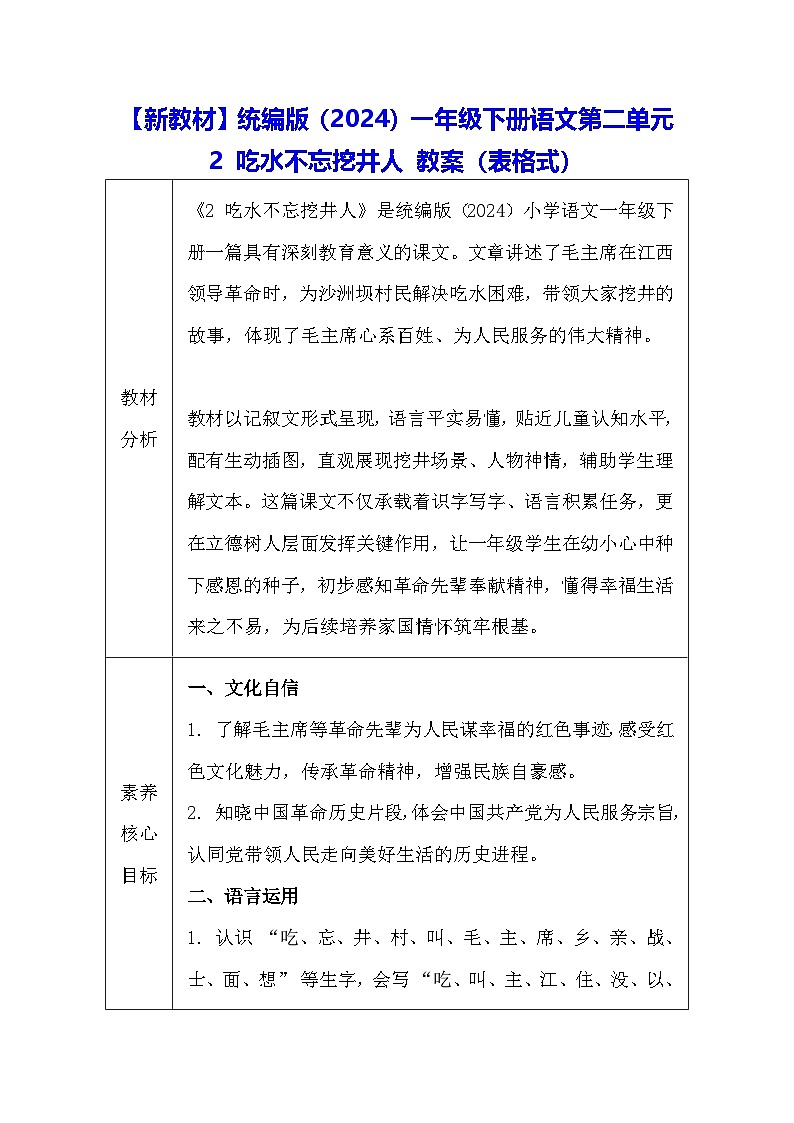 【新教材】统编版（2024）一年级下册语文第二单元 2 吃水不忘挖井人 教案（表格式）第1页