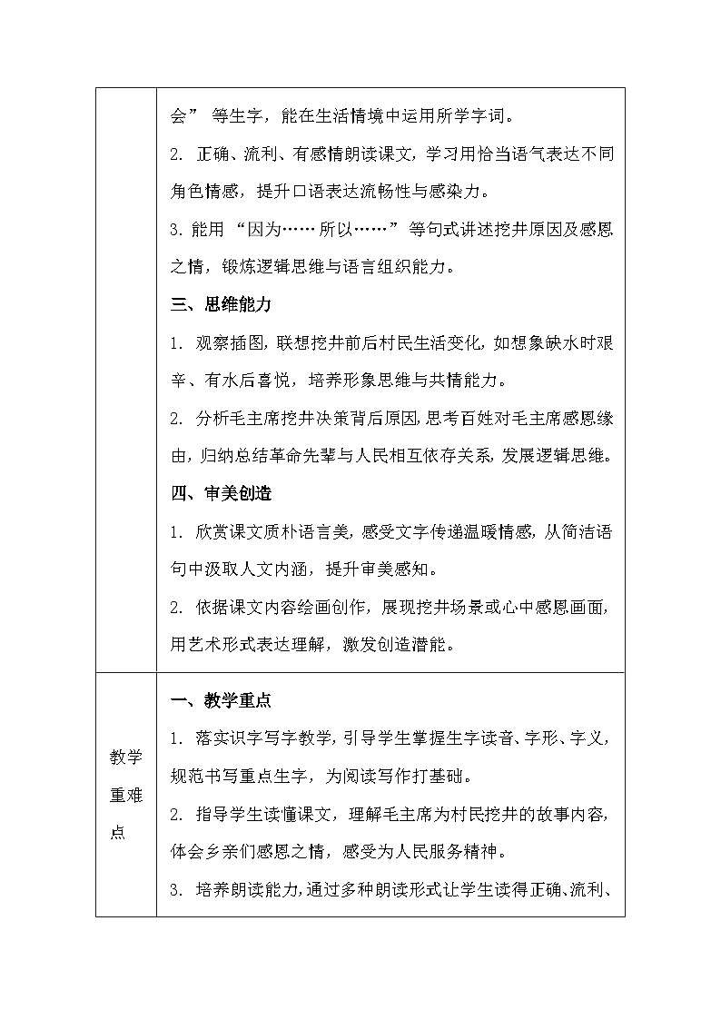 【新教材】统编版（2024）一年级下册语文第二单元 2 吃水不忘挖井人 教案（表格式）第2页