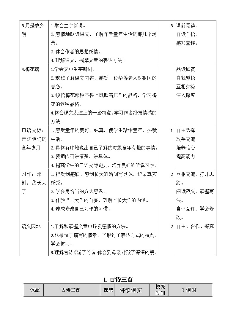 部编版五年级下册语文第一单元（1~4课）教案（表格式）第2页
