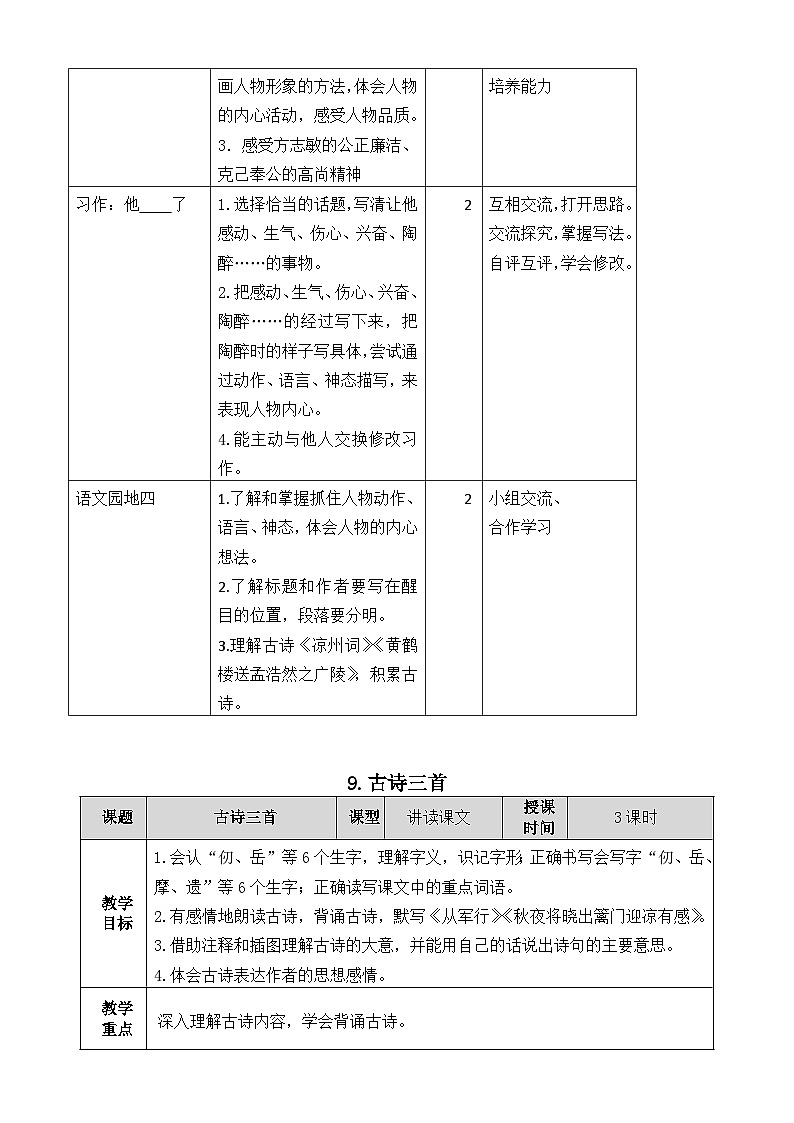 部编版五年级下册语文第四单元（9~12课）教案（表格式）第2页