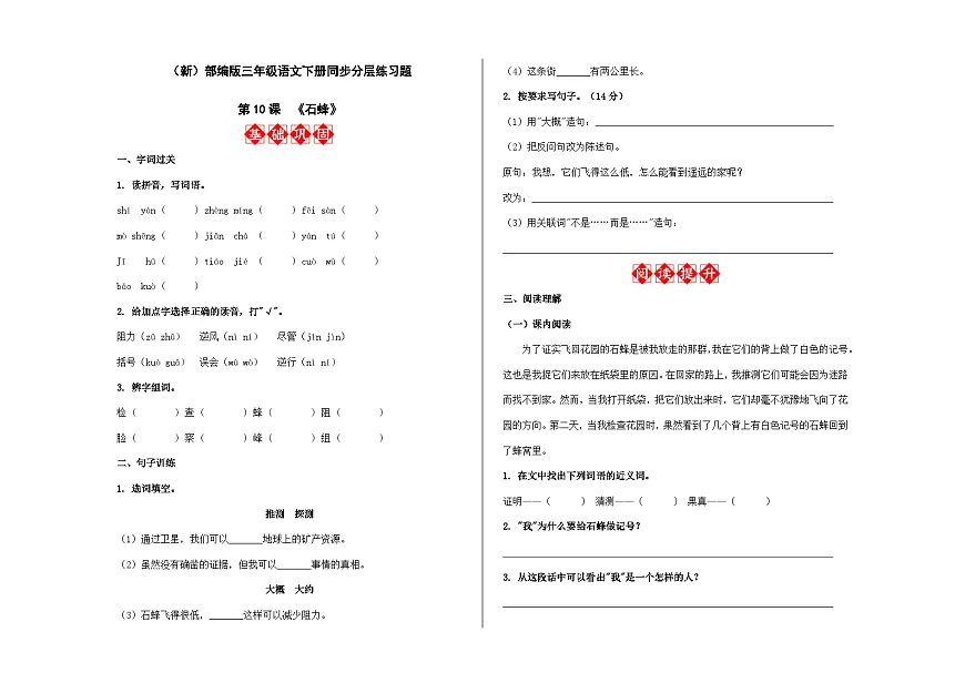 （新）部编版三年级语文下册同步分层练习题（第10课《石蜂》）A3（原卷版）第1页