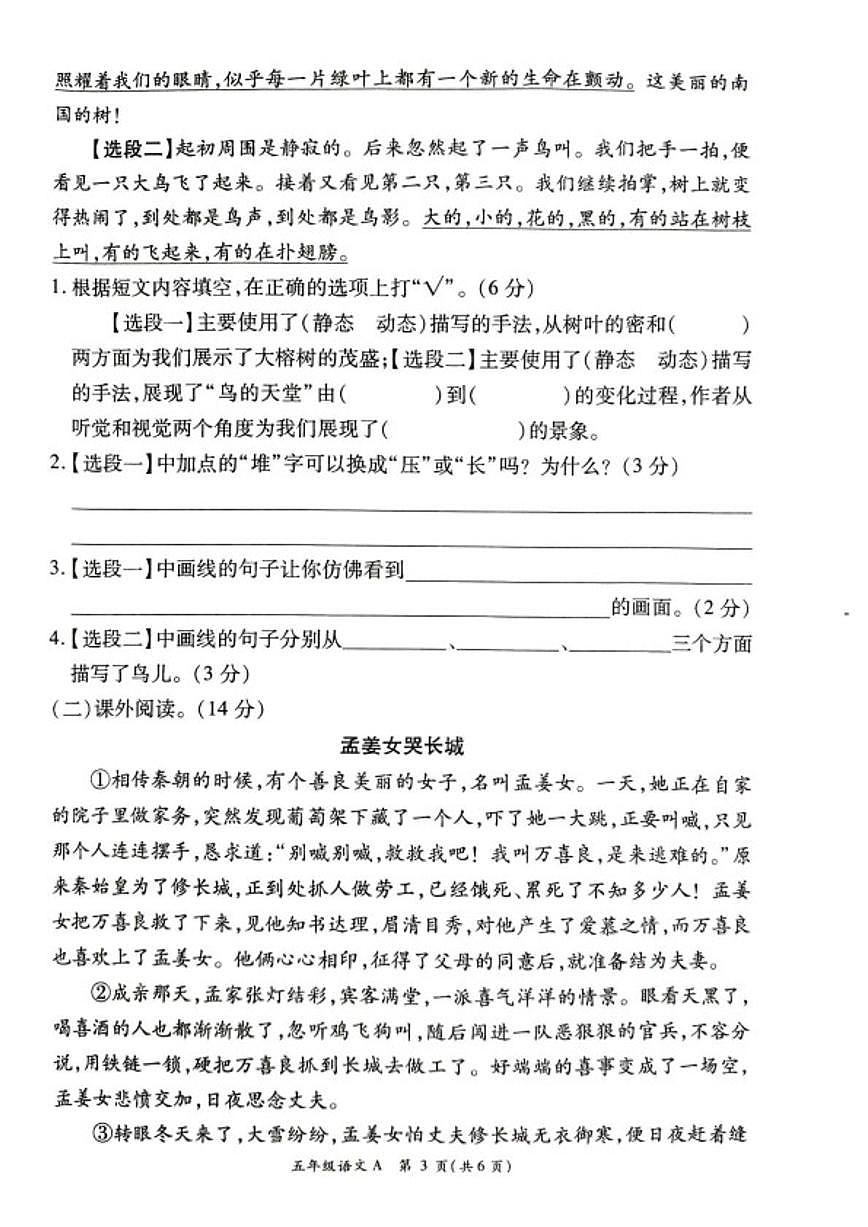 河南许昌市鄢陵县2025-2026学年五年级上第一学期期末学情分析语文试卷A(含答案)第3页