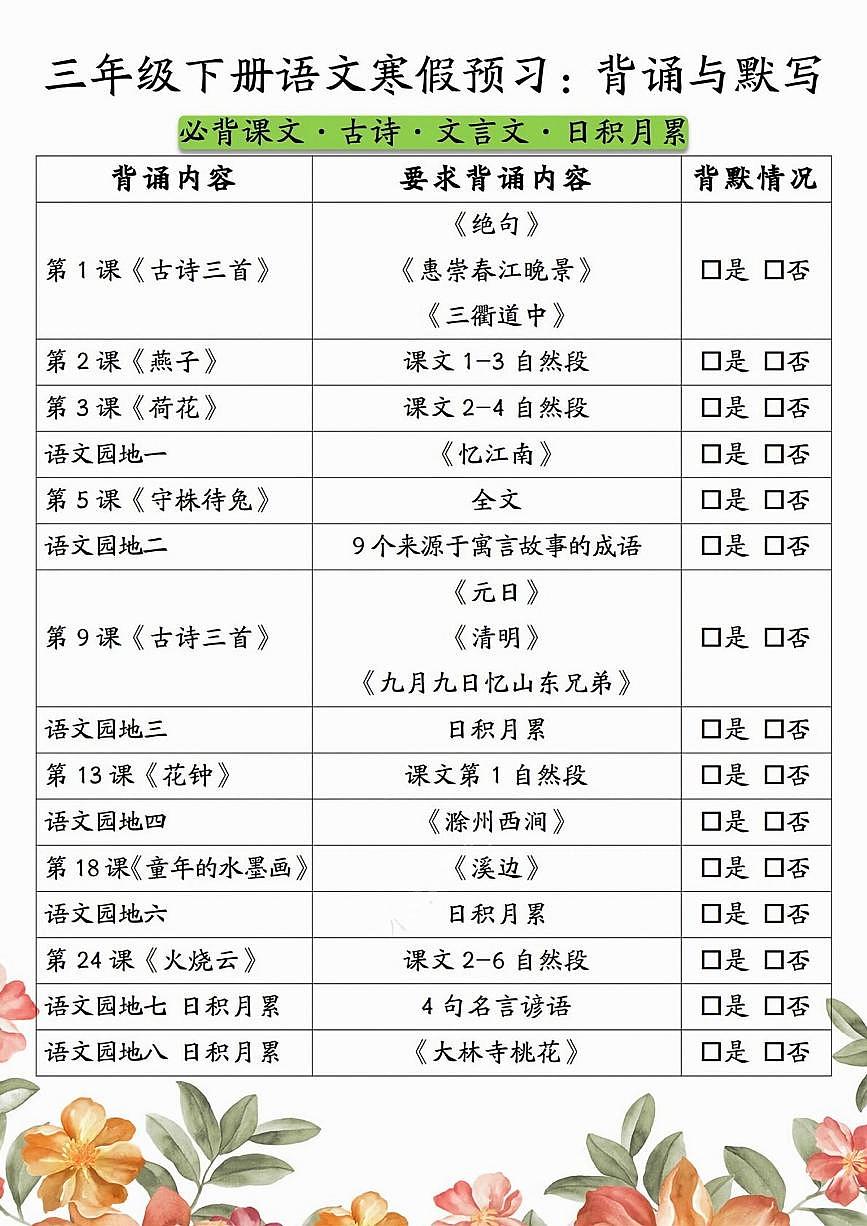人教版三下语文寒假预习练习（无答案）第1页