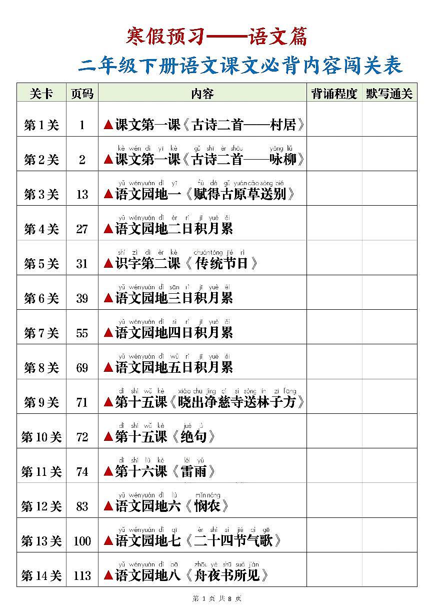 人教版二下语文课文必背内容闯关表默写练习（无答案）第1页