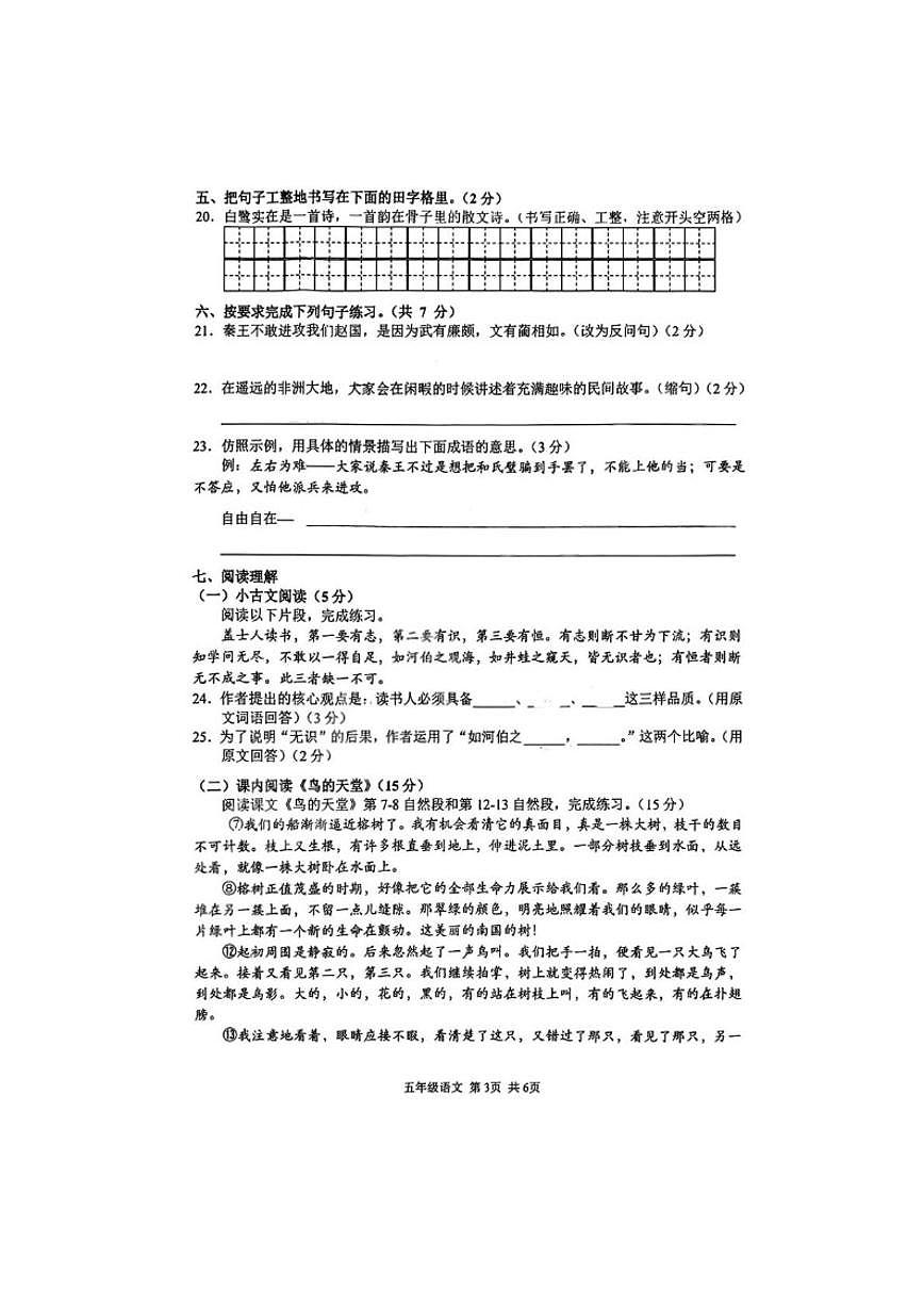 2025-2026学年四川省凉山彝族自治州西昌市五年级上学期期末语文试题（含答案）第3页
