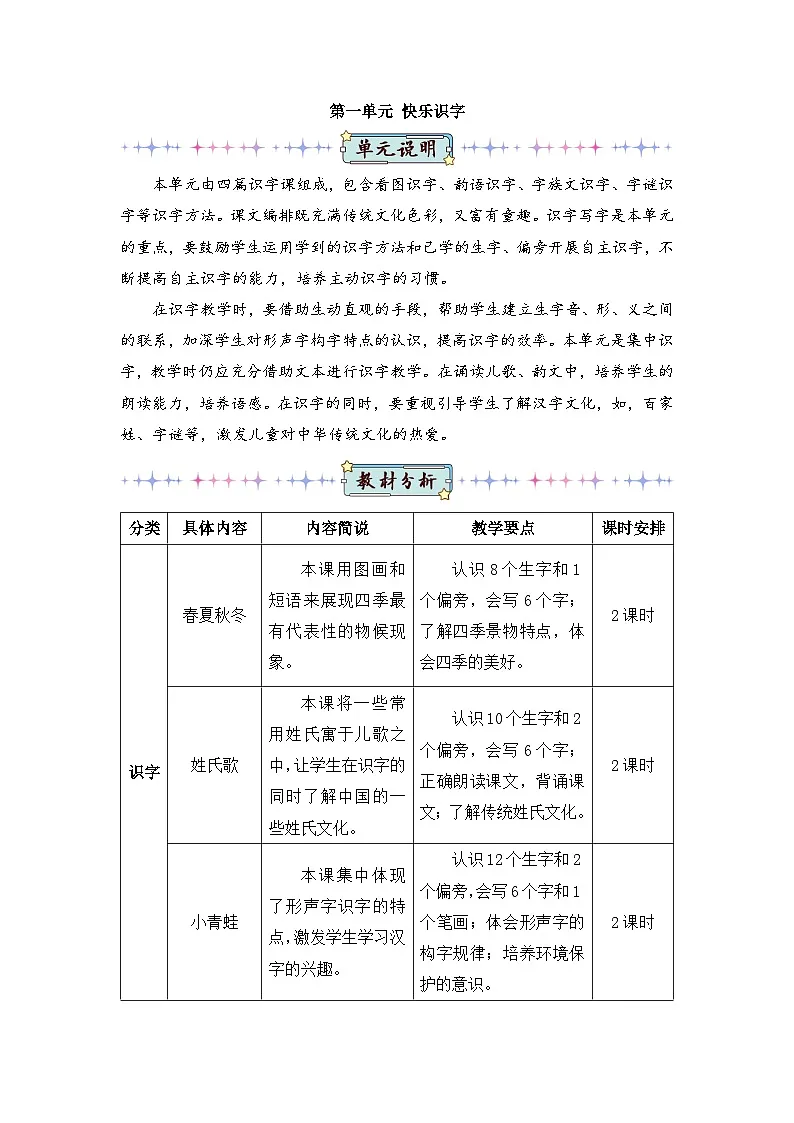 2026春统编版语文一年级下册识字1 春夏秋冬教学设计 第1页