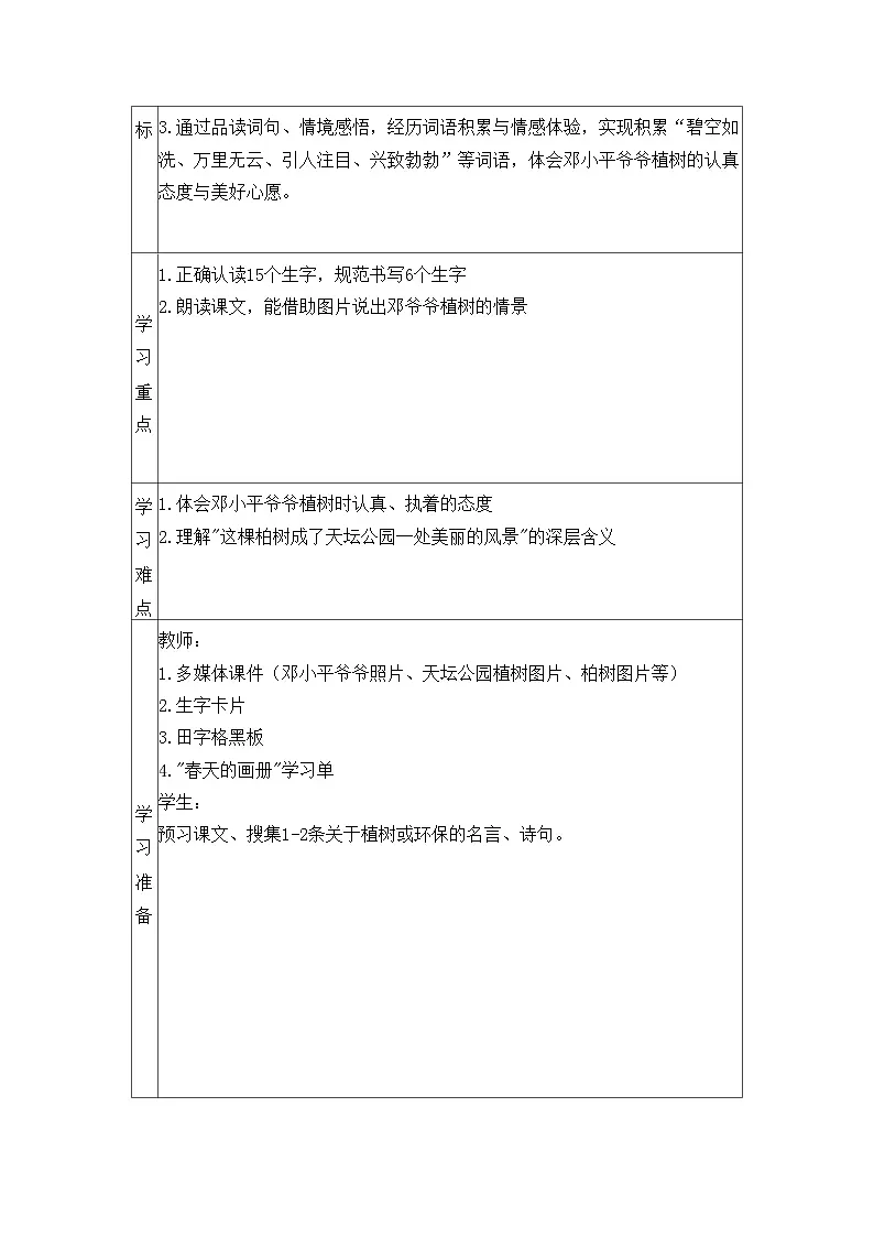 第4课邓小平爷爷植树 教学设计（表格式-可二次备课版） 统编版语文二年级下册第2页