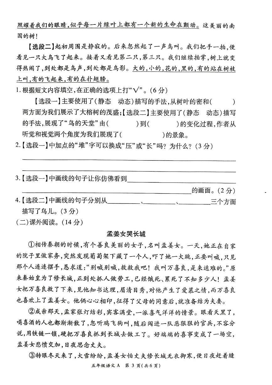 河南许昌市鄢陵县2025-2026学年五年级第一学期学情分析语文试卷A（期末）第3页