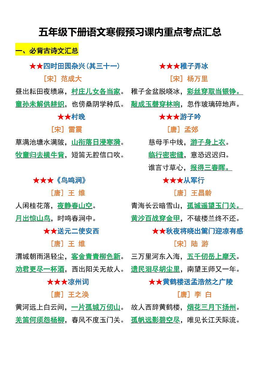 五年级  下册语文课内重点考点练习第1页