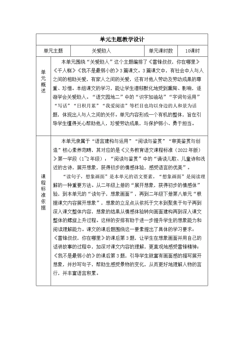 第二单元 第5课 雷锋叔叔你在哪里教学设计（表格式-可二次备课版） 统编版语文二年级下册第1页