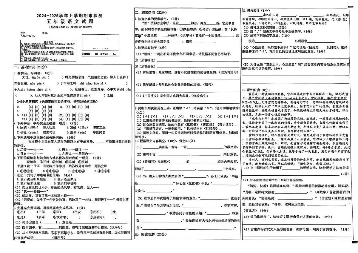 云南大理州2024-2025学年上学期期末检测五年级语文试题第1页