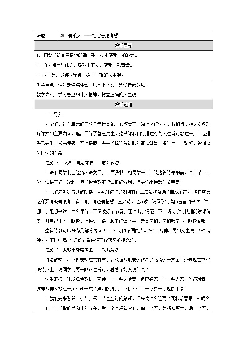 统编版语文六年级上册 28 有的人——纪念鲁迅有感 教学设计第1页