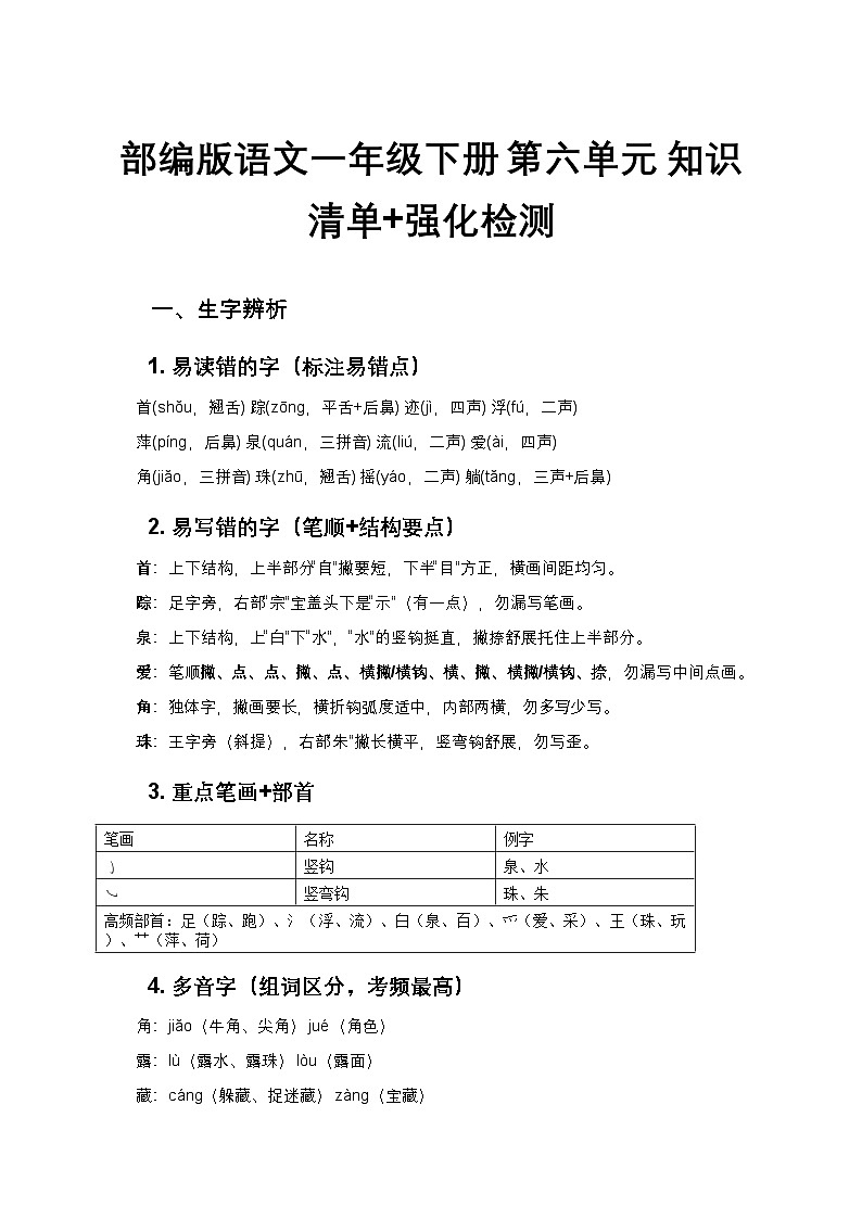 部编版语文一年级下册 第六单元 知识清单+强化检测第1页