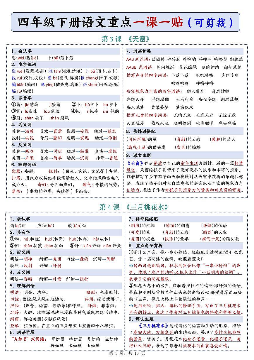 人教版小学四年级下册语文重点知识归纳第3页