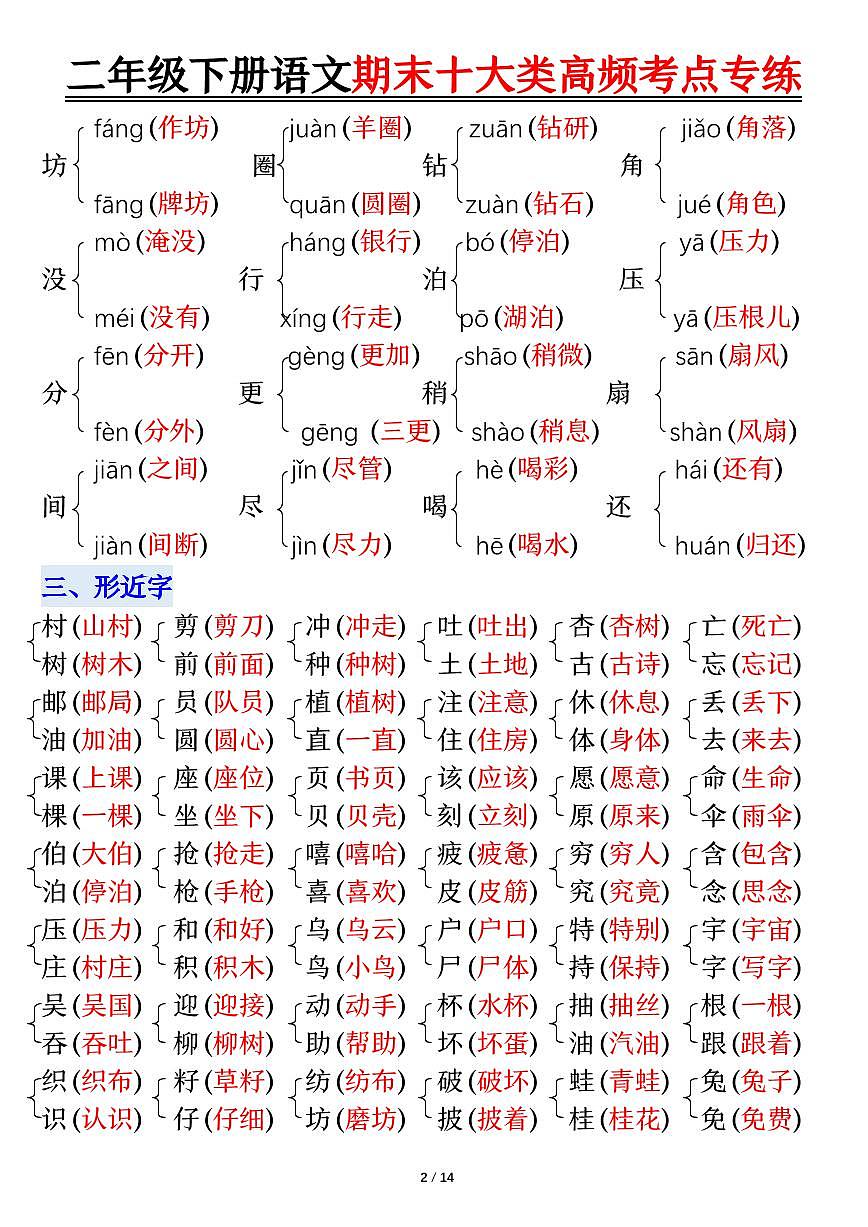 统编版二年级语文下册【期末十大类高频专项练习-答案】第2页