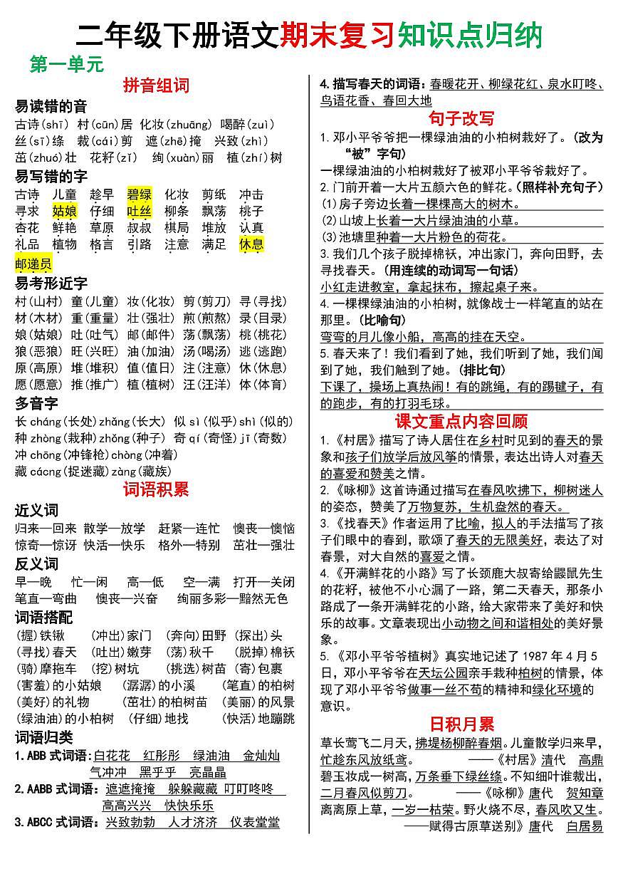 统编版二年级语文下册期末复习知识点归纳学案（8页极简版）第1页