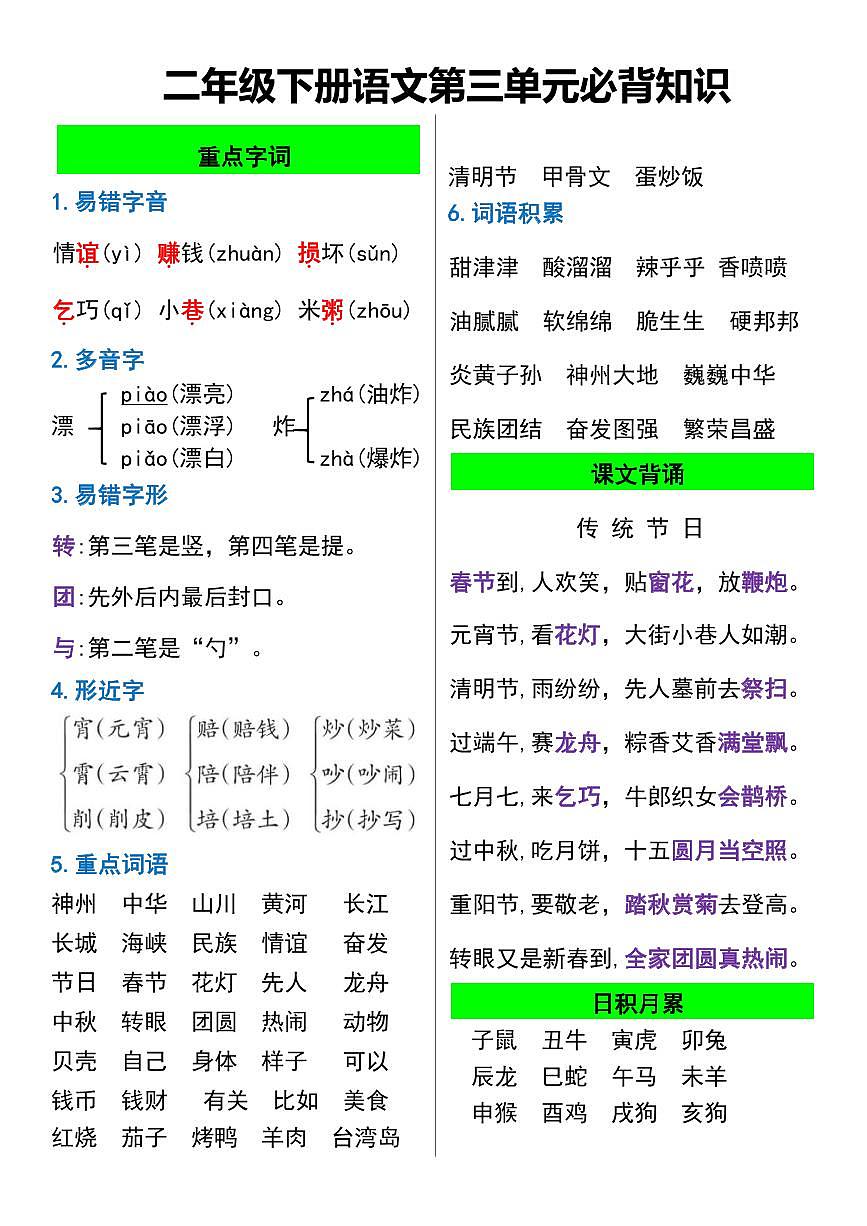 统编版二年级语文下册【1-8单元必背知识】学案第3页