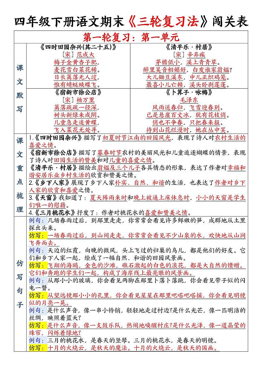 统编版四年级语文下册【期末三轮复习法闯关表10页】练习含答案第3页