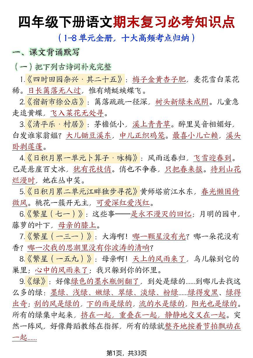 统编版四年级语文下册【期末复习必考知识点（十大高频考点归纳）】练习含答案第1页