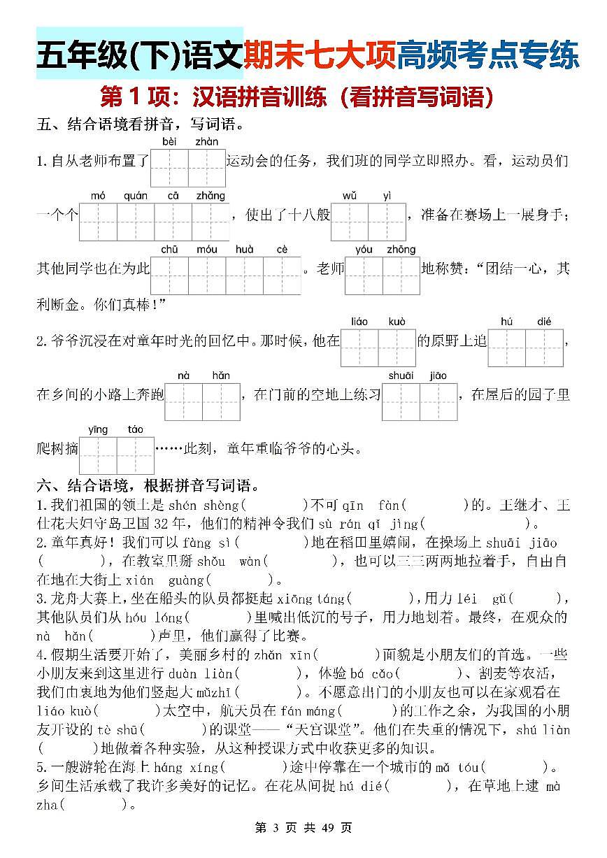 统编版五年级语文下册【期末七大项高频考点专练】练习及答案第3页