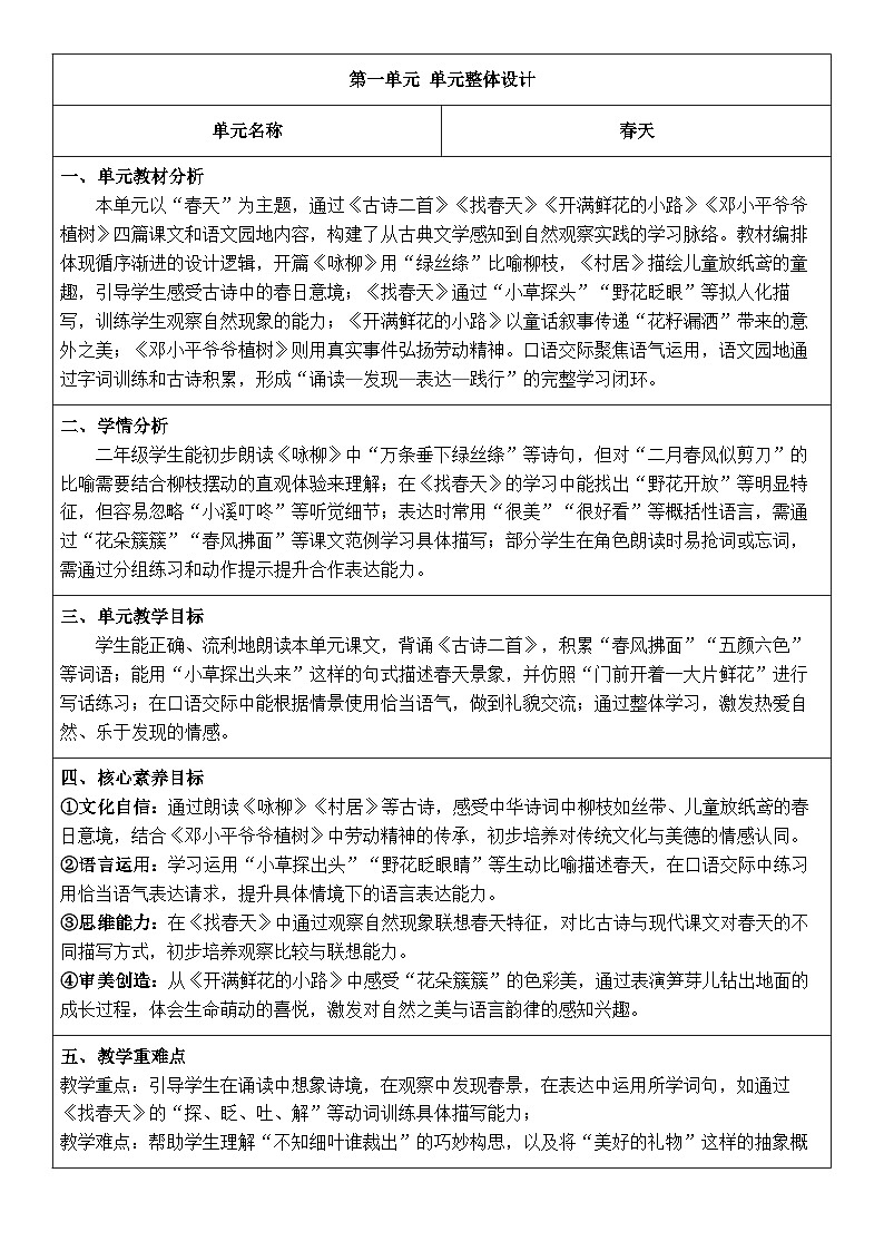 2026春统编版二年级下册语文全册表格式核心素养教案第1页