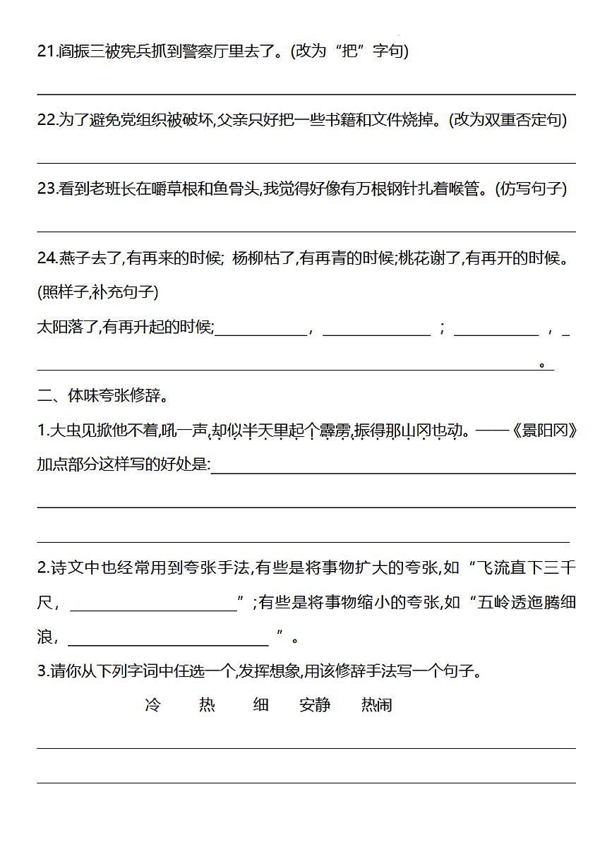 【期中句子专项训练】练习及答案统编版六年级语文下册第3页