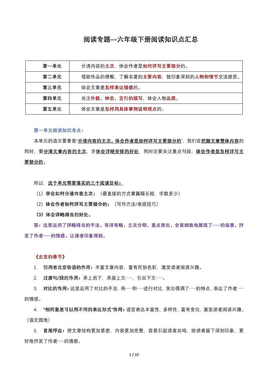 【阅读知识点汇总】统编版六年级语文下册第1页