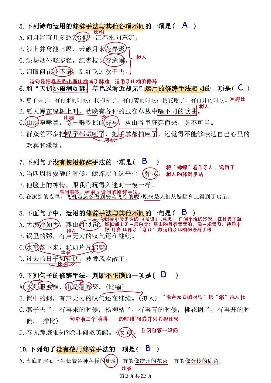 小升初语文提分专练06  修辞方法的运用解析（22页）第2页