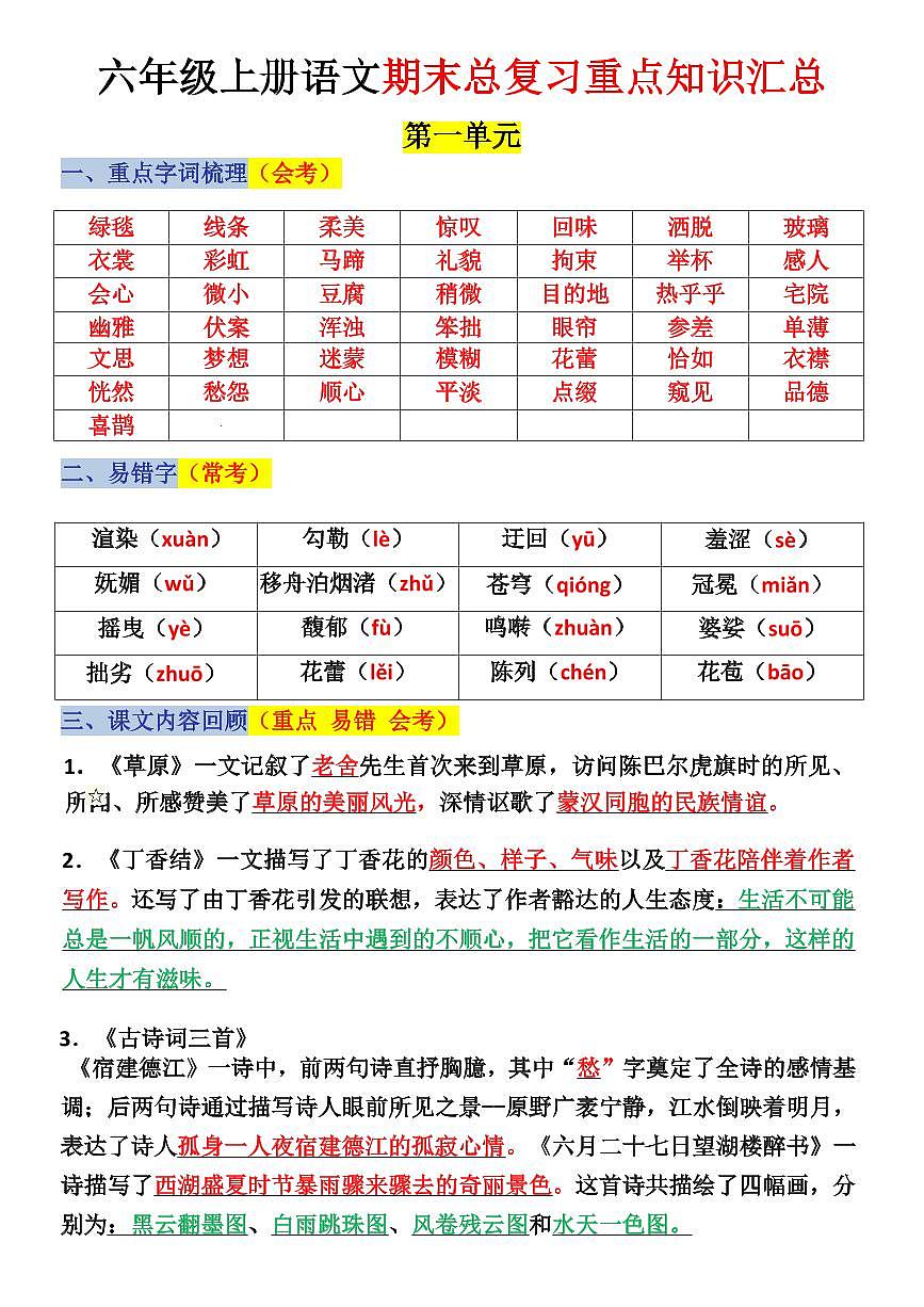 人教版 六年级（上）语文总期末复习知识点汇总第1页