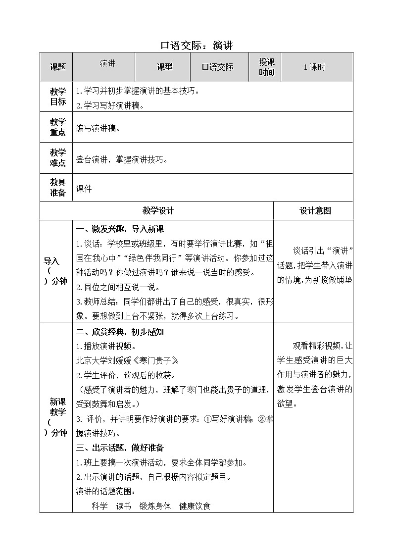 《口语交际：演讲》教学设计 教案01