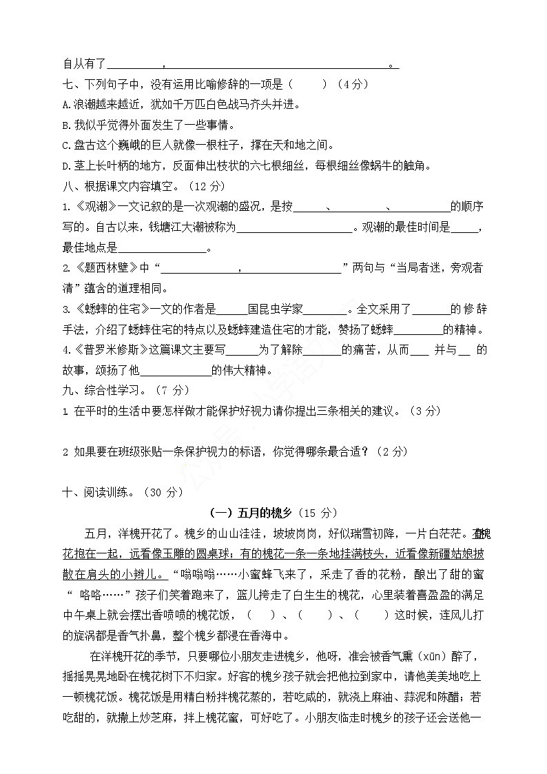 部编版语文四年级上册期中测试卷02