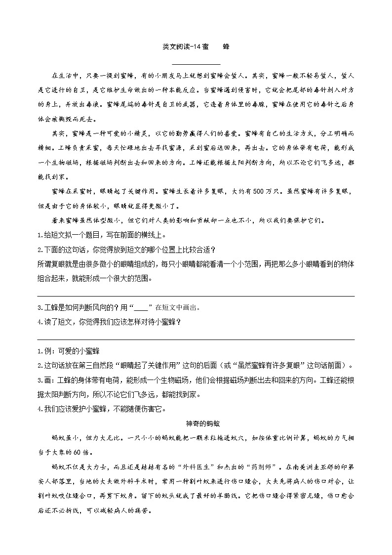 类文阅读-14蜜蜂（含答案） 试卷01