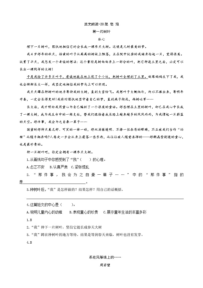 类文阅读-20肥皂泡（含答案） 试卷01