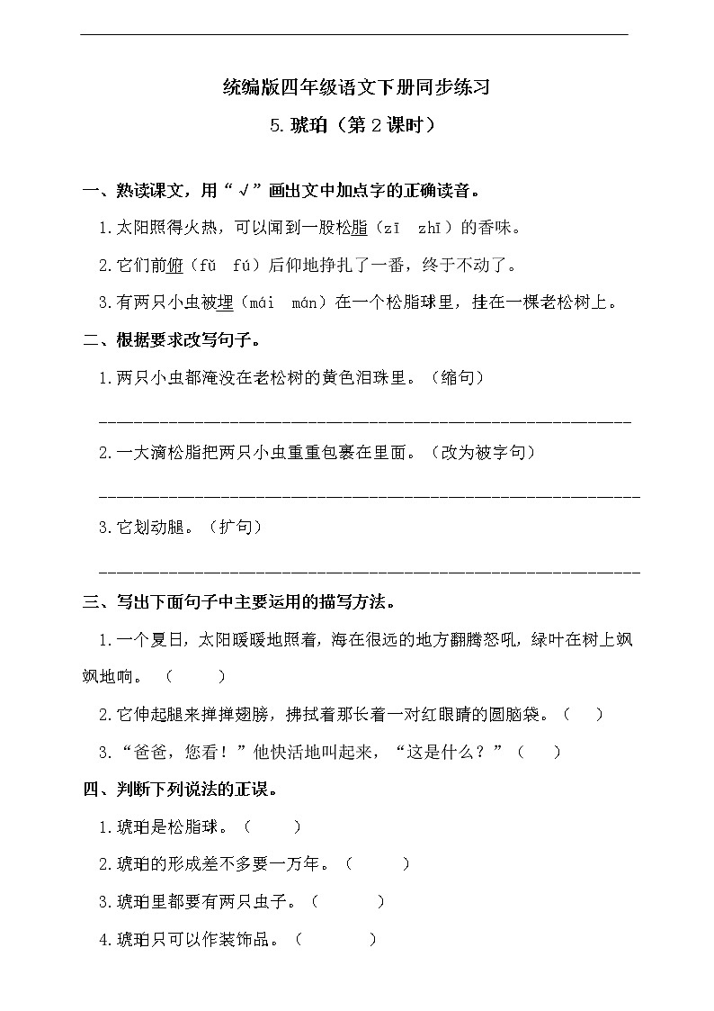 5《琥珀》（第2课时）同步练习题（含答案）01