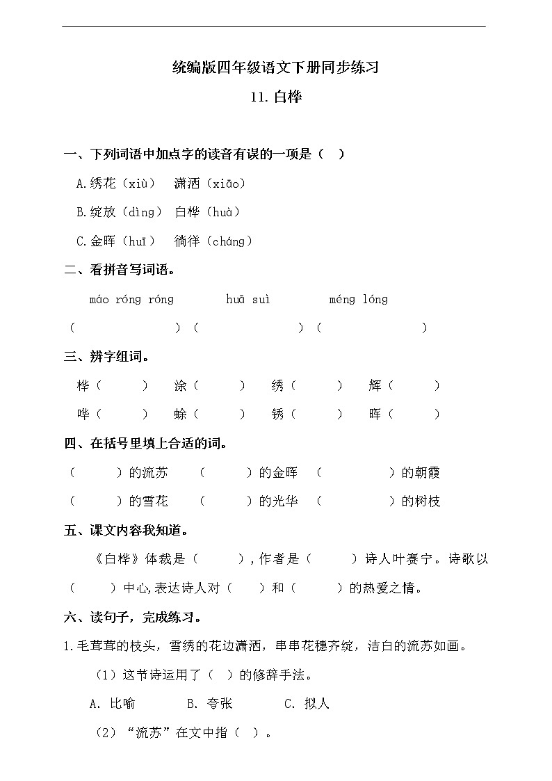 11、白桦 练习题（含答案）第1页