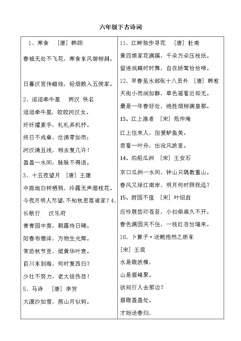 部编版六年级下册语文下册古诗词第1页