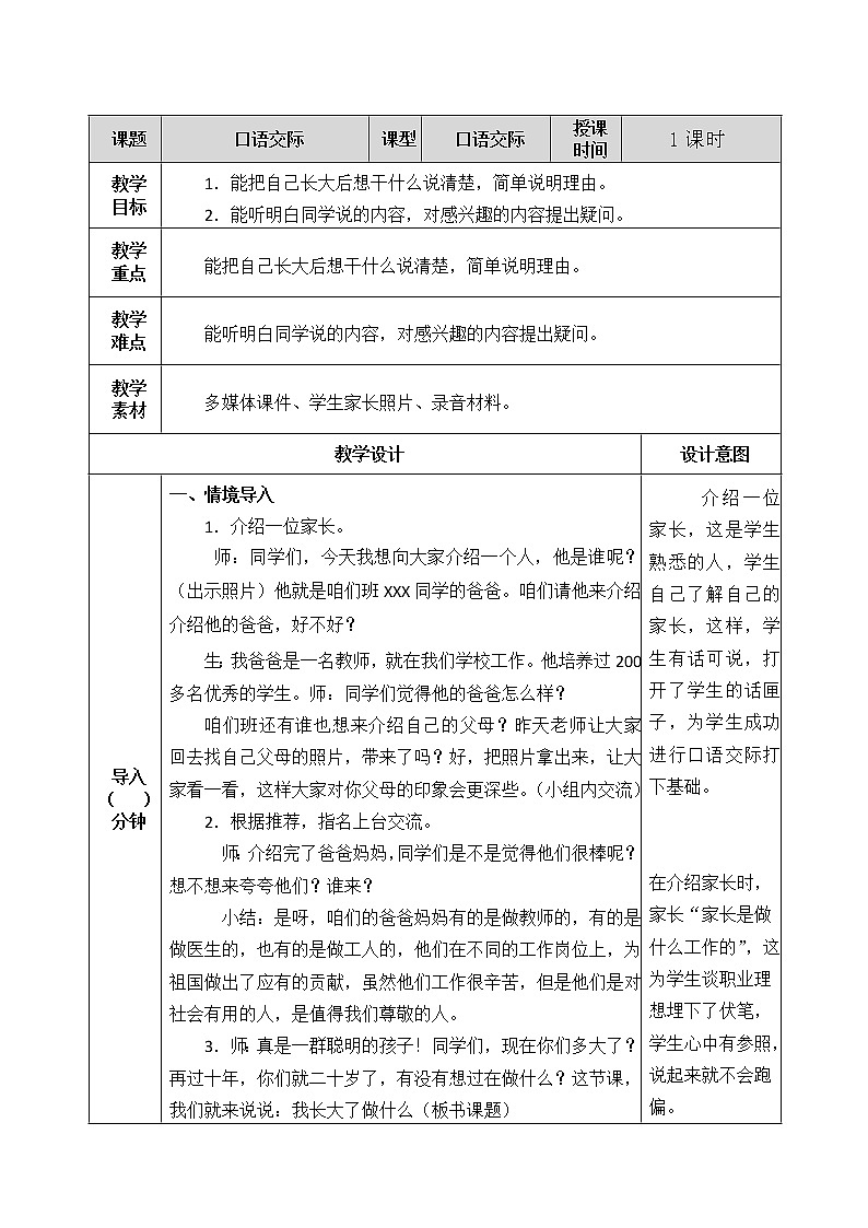 第三单元 口语交际：长大以后做什么 教案第1页