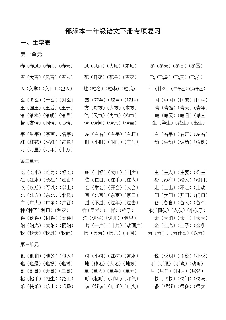 部编本一年级语文下册专项复习(最新整理) 练习01