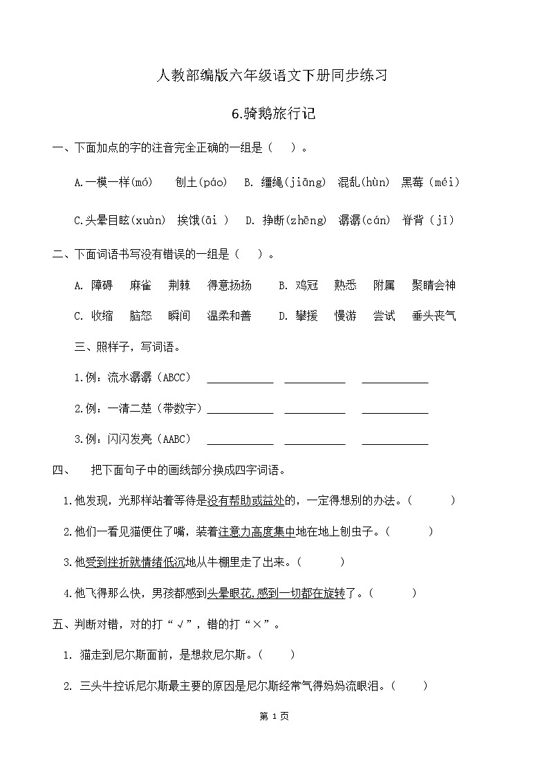 人教部编版六年级语文下册同步练习6《骑鹅旅行记》(含答案）01